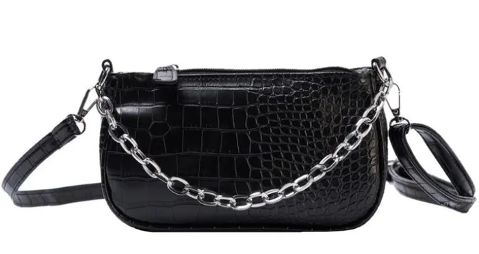 PB204 Black Crocodile Print Chain Accent Shoulder Bag 01 Necklaces