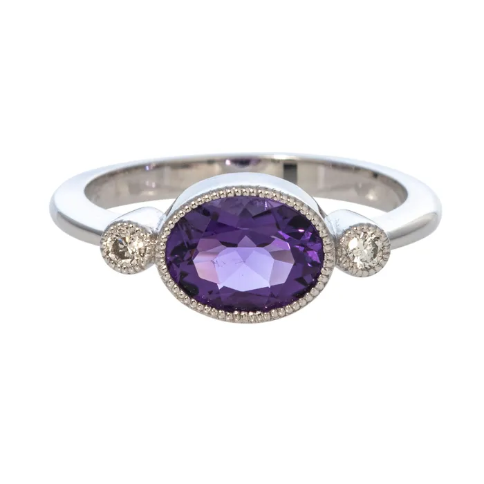 Croghans Rings Oval Amethyst Round Diamond 14K White Gold Ring