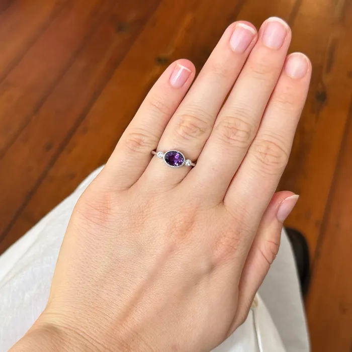 Croghans Rings Oval Amethyst Round Diamond 14K White Gold Ring