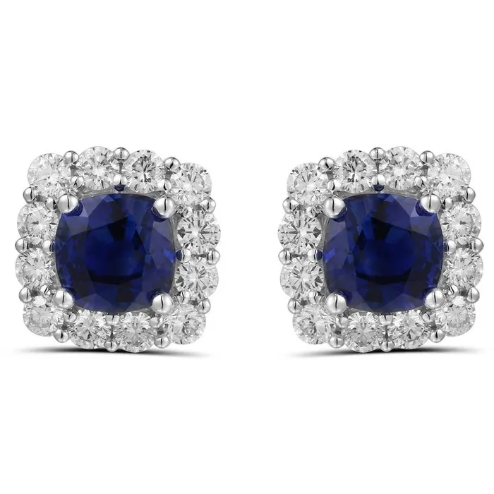 Meierotto Jewelers Earrings 18K White Gold Cushion Sapphire Stud Earrings with Diamond Halo Meierotto Jewelers Earrings 18K White Gold Cushion Sapphire Stud Earrings with Diamond Halo