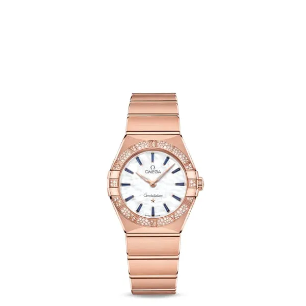 Omega Omega Constellation 28mm Watch Ref 13155286055007 White Mother of Pearl Sapphire Index Dial Pave Diamond Bezel 18K Rose Gold Bracelet Bracelets Omega Omega Constellation 28mm Watch Ref 13155286055007 White Mother of Pearl Sapphire Index Dial Pave Diamond Bezel 18K Rose Gold Bracelet Bracelets