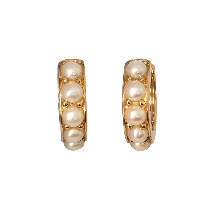 Pearl 14K Yellow Gold Huggie Hoop Earrings Croghans Earrings