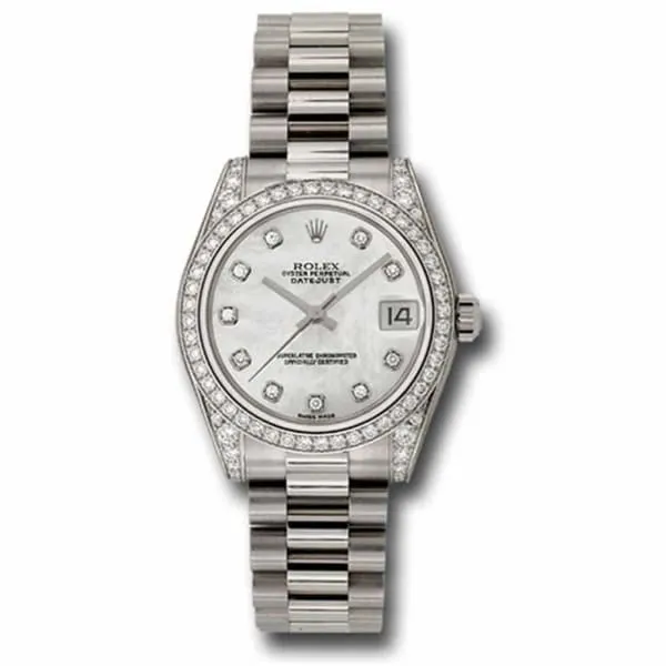 Rolex Bracelets Rolex Datejust 31mm Ref 178159 mdp White Mother of Pearl Diamond Dial Diamond Bezel Case 18K White Gold Presidential Bracelet Womens Watch Rolex Bracelets Rolex Datejust 31mm Ref 178159 mdp White Mother of Pearl Diamond Dial Diamond Bezel Case 18K White Gold Presidential Bracelet Womens Watch