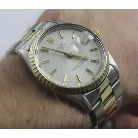Midsize Rolex Date Watch White Stick Dial Two Tone GB Rings