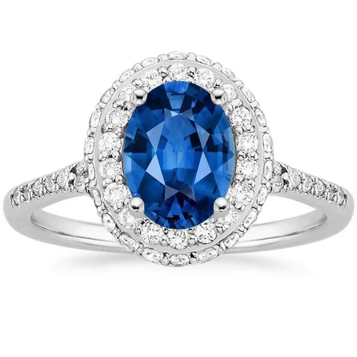 Prong Set Halo Sapphire And Natural Earth Mined Diamonds 370 Carats Ring White Gold 14K GB Rings Prong Set Halo Sapphire And Natural Earth Mined Diamonds 370 Carats Ring White Gold 14K GB Rings