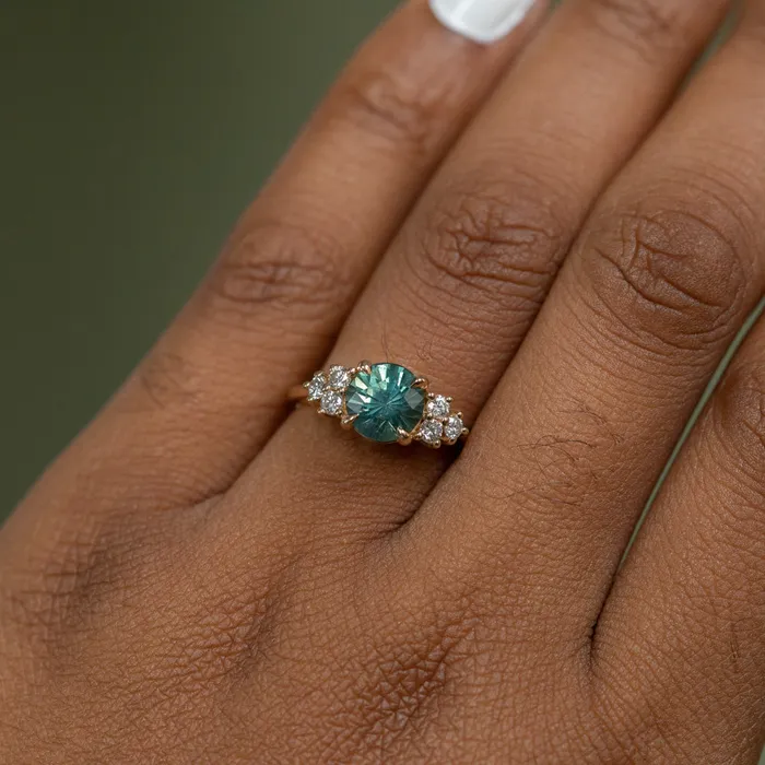 227ct Round Teal Madagascar Sapphire and Diamond Cluster Ring in 14k Yellow Gold Anueva Jewelry Rings