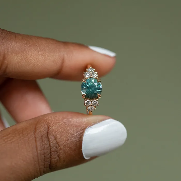 227ct Round Teal Madagascar Sapphire and Diamond Cluster Ring in 14k Yellow Gold Anueva Jewelry Rings