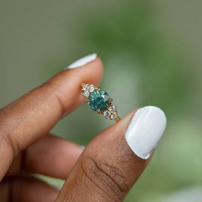 227ct Round Teal Madagascar Sapphire and Diamond Cluster Ring in 14k Yellow Gold Anueva Jewelry Rings