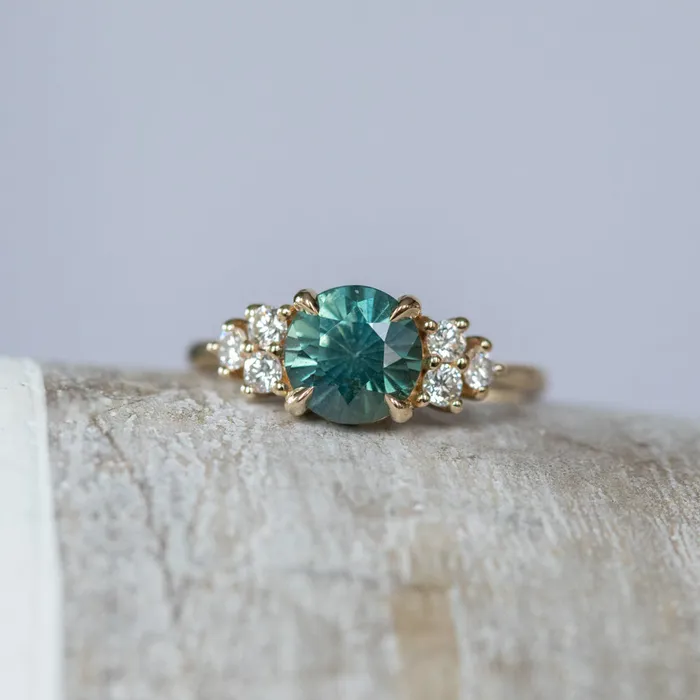 227ct Round Teal Madagascar Sapphire and Diamond Cluster Ring in 14k Yellow Gold Anueva Jewelry Rings