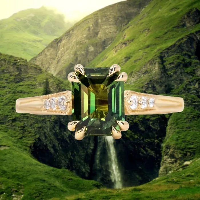 2ct Emerald Cut Green Sapphire and Diamond Vintage Cathedral Double Prong Ring in 18k Yellow Gold Anueva Jewelry Rings 2ct Emerald Cut Green Sapphire and Diamond Vintage Cathedral Double Prong Ring in 18k Yellow Gold Anueva Jewelry Rings
