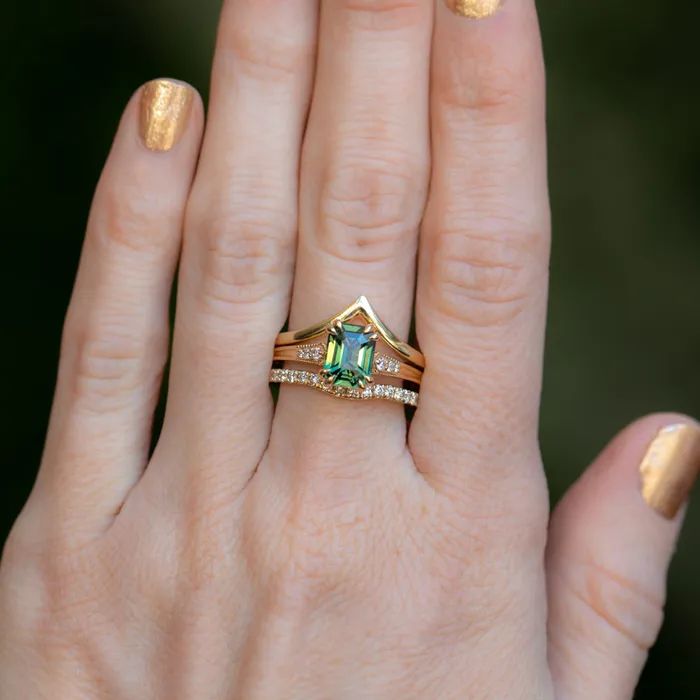 2ct Emerald Cut Green Sapphire and Diamond Vintage Cathedral Double Prong Ring in 18k Yellow Gold Anueva Jewelry Rings