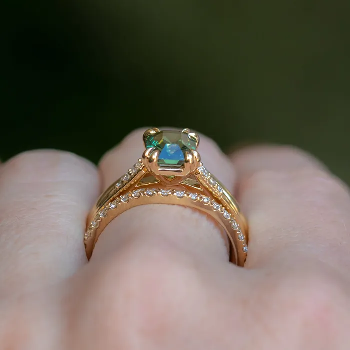 2ct Emerald Cut Green Sapphire and Diamond Vintage Cathedral Double Prong Ring in 18k Yellow Gold Anueva Jewelry Rings
