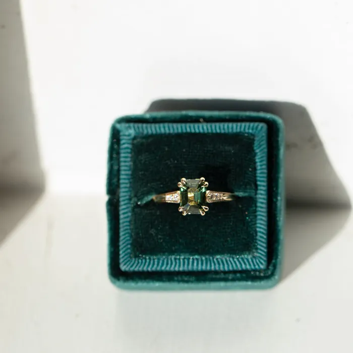 2ct Emerald Cut Green Sapphire and Diamond Vintage Cathedral Double Prong Ring in 18k Yellow Gold Anueva Jewelry Rings