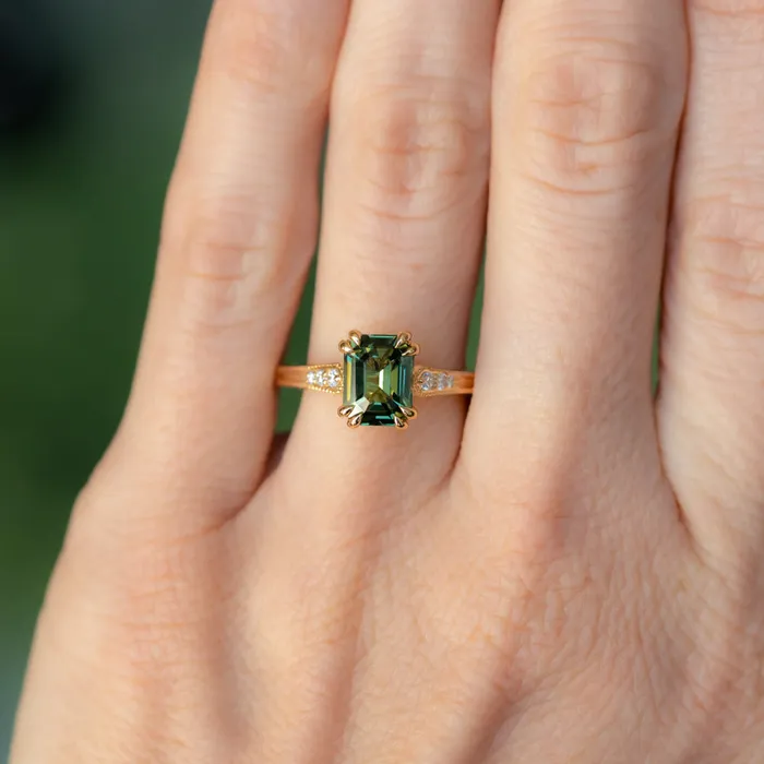 2ct Emerald Cut Green Sapphire and Diamond Vintage Cathedral Double Prong Ring in 18k Yellow Gold Anueva Jewelry Rings