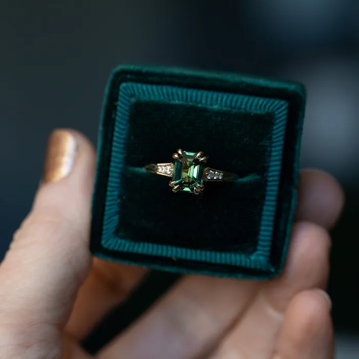 2ct Emerald Cut Green Sapphire and Diamond Vintage Cathedral Double Prong Ring in 18k Yellow Gold Anueva Jewelry Rings