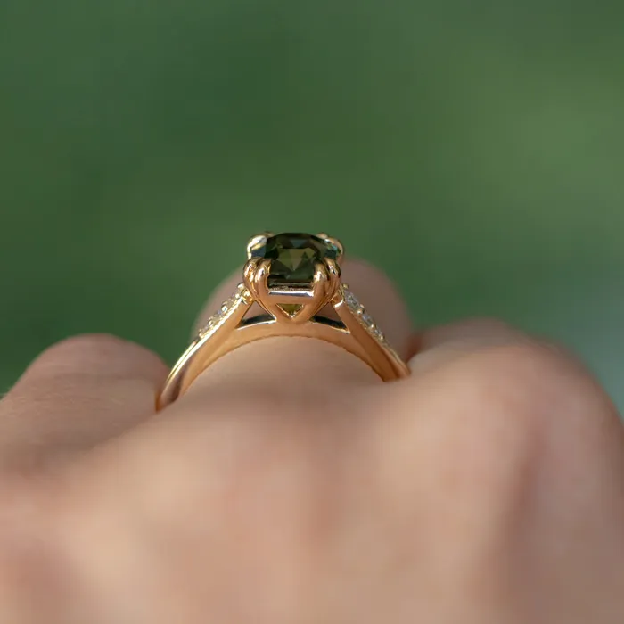 2ct Emerald Cut Green Sapphire and Diamond Vintage Cathedral Double Prong Ring in 18k Yellow Gold Anueva Jewelry Rings