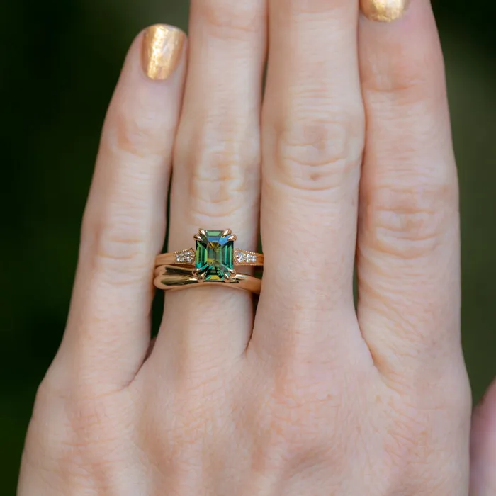 2ct Emerald Cut Green Sapphire and Diamond Vintage Cathedral Double Prong Ring in 18k Yellow Gold Anueva Jewelry Rings
