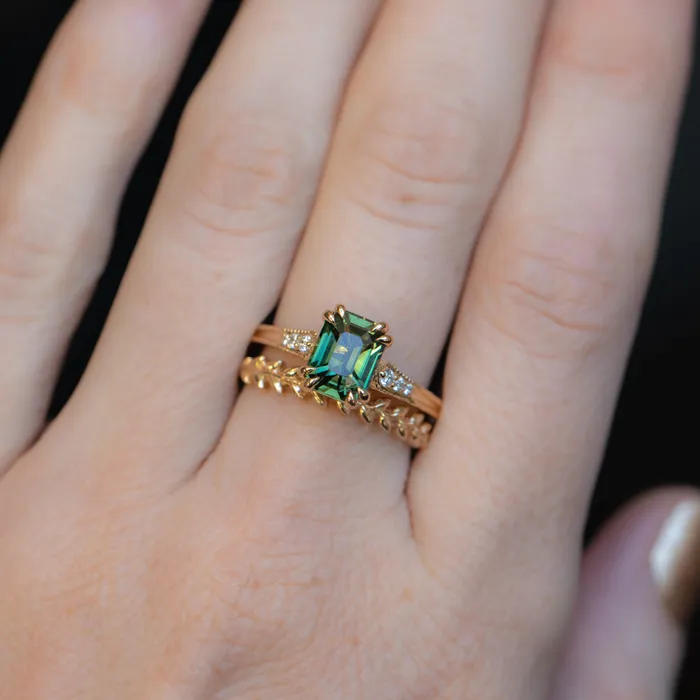 2ct Emerald Cut Green Sapphire and Diamond Vintage Cathedral Double Prong Ring in 18k Yellow Gold Anueva Jewelry Rings