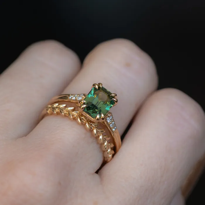 2ct Emerald Cut Green Sapphire and Diamond Vintage Cathedral Double Prong Ring in 18k Yellow Gold Anueva Jewelry Rings