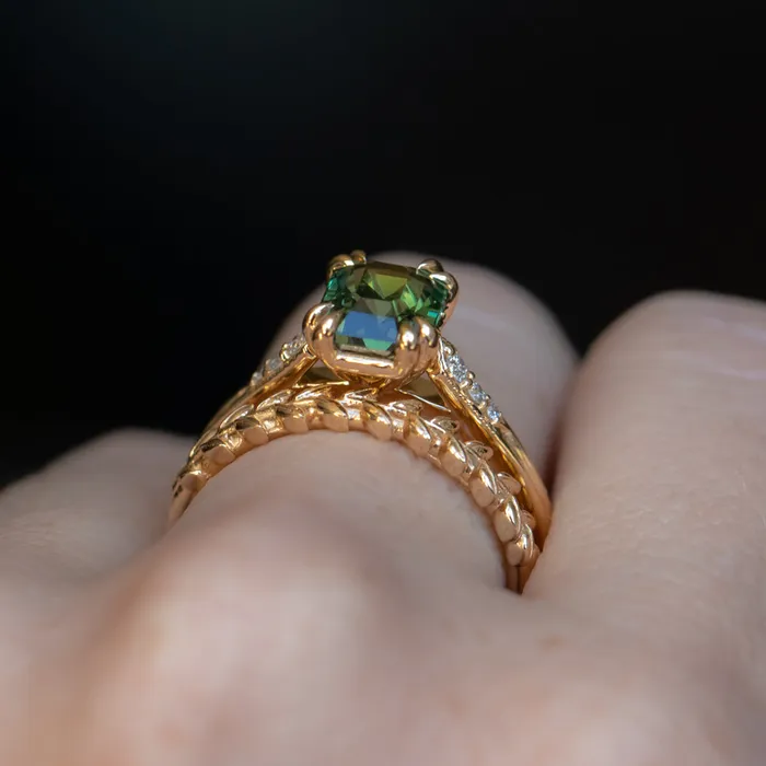 2ct Emerald Cut Green Sapphire and Diamond Vintage Cathedral Double Prong Ring in 18k Yellow Gold Anueva Jewelry Rings