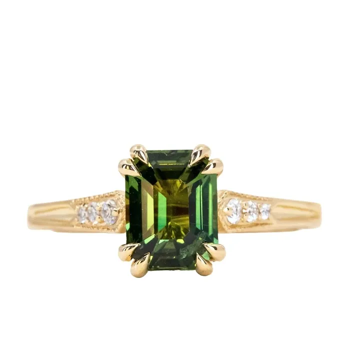 2ct Emerald Cut Green Sapphire and Diamond Vintage Cathedral Double Prong Ring in 18k Yellow Gold Anueva Jewelry Rings