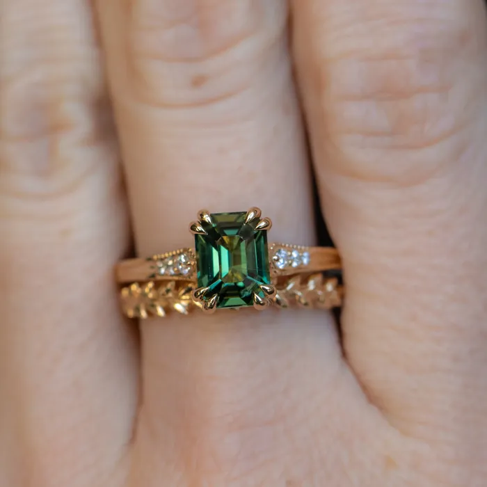 2ct Emerald Cut Green Sapphire and Diamond Vintage Cathedral Double Prong Ring in 18k Yellow Gold Anueva Jewelry Rings