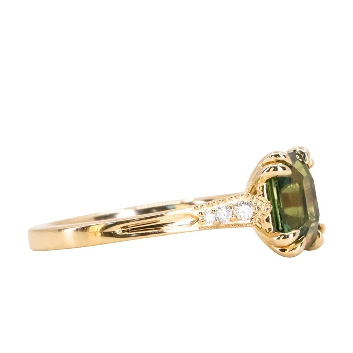 2ct Emerald Cut Green Sapphire and Diamond Vintage Cathedral Double Prong Ring in 18k Yellow Gold Anueva Jewelry Rings
