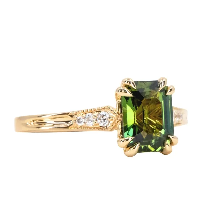 2ct Emerald Cut Green Sapphire and Diamond Vintage Cathedral Double Prong Ring in 18k Yellow Gold Anueva Jewelry Rings