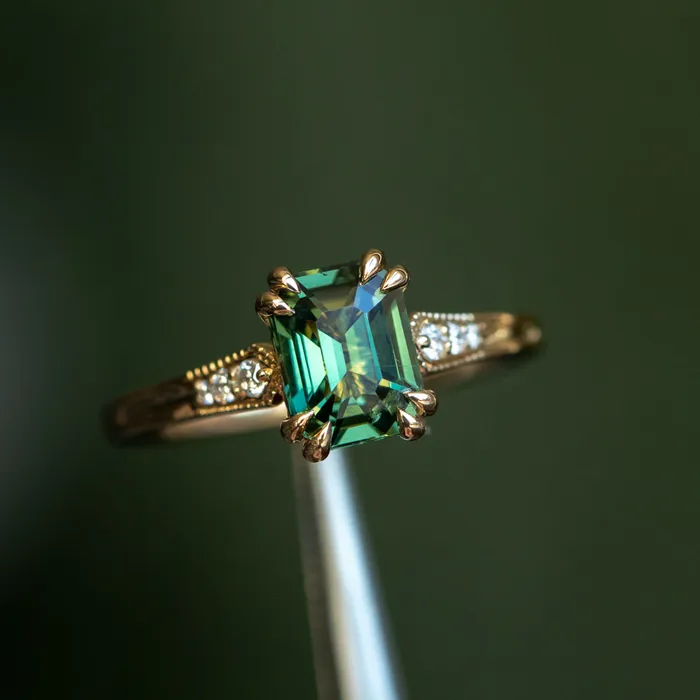 2ct Emerald Cut Green Sapphire and Diamond Vintage Cathedral Double Prong Ring in 18k Yellow Gold Anueva Jewelry Rings