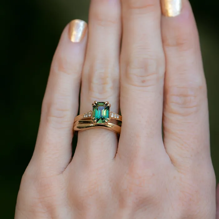 2ct Emerald Cut Green Sapphire and Diamond Vintage Cathedral Double Prong Ring in 18k Yellow Gold Anueva Jewelry Rings