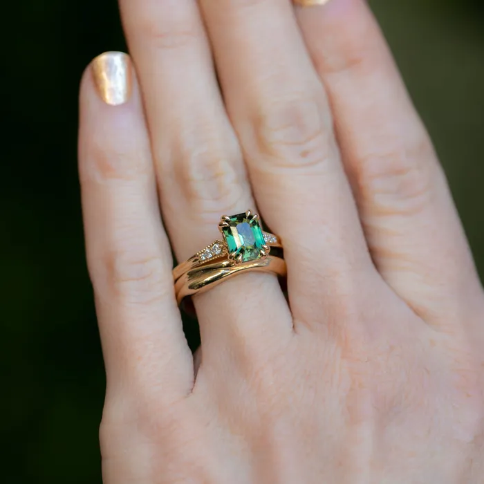 2ct Emerald Cut Green Sapphire and Diamond Vintage Cathedral Double Prong Ring in 18k Yellow Gold Anueva Jewelry Rings