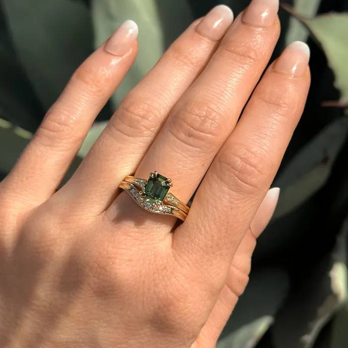 2ct Emerald Cut Green Sapphire and Diamond Vintage Cathedral Double Prong Ring in 18k Yellow Gold Anueva Jewelry Rings