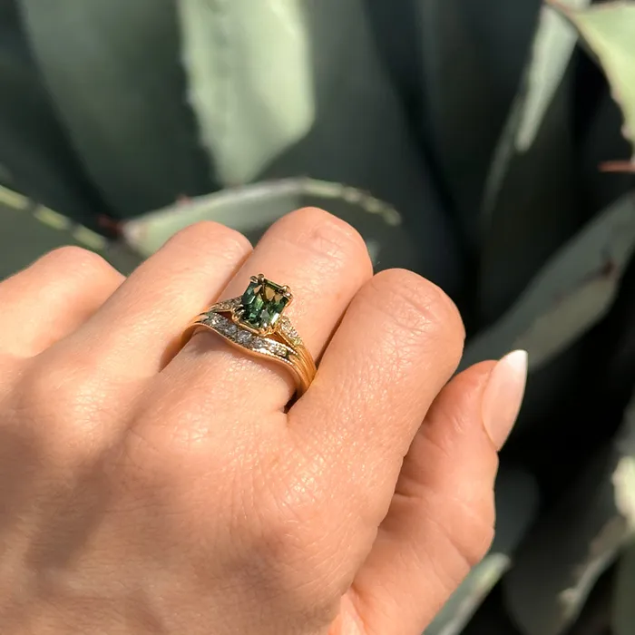 2ct Emerald Cut Green Sapphire and Diamond Vintage Cathedral Double Prong Ring in 18k Yellow Gold Anueva Jewelry Rings