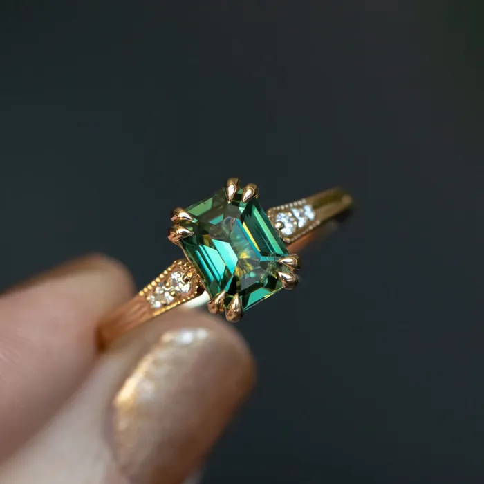 2ct Emerald Cut Green Sapphire and Diamond Vintage Cathedral Double Prong Ring in 18k Yellow Gold Anueva Jewelry Rings