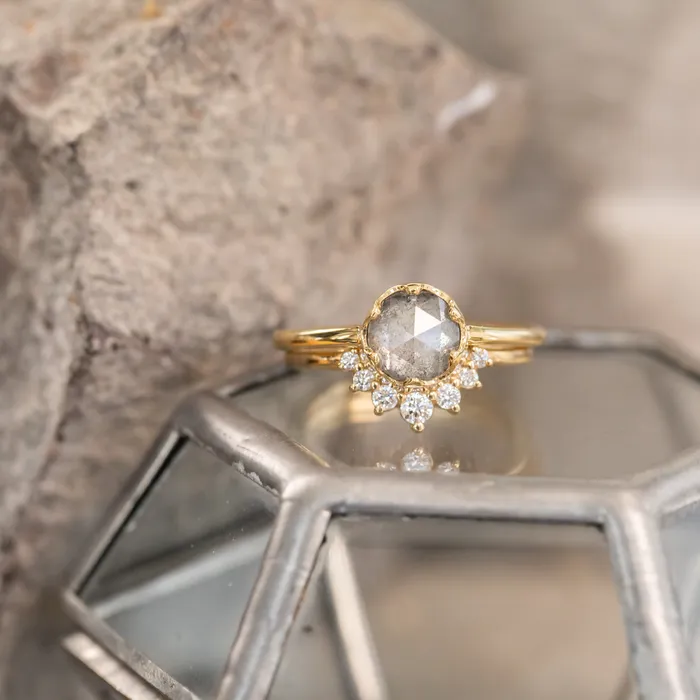 Anueva Jewelry Rings 107ct Rosecut Salt Pepper Diamond 6Prong Low Profile Ring With Plain Rounded Band in 18K Yellow Gold