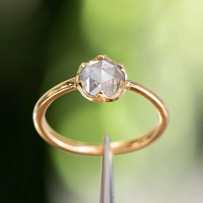 Anueva Jewelry Rings 107ct Rosecut Salt Pepper Diamond 6Prong Low Profile Ring With Plain Rounded Band in 18K Yellow Gold