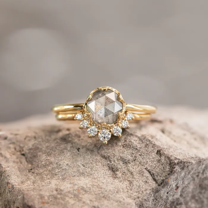 Anueva Jewelry Rings 107ct Rosecut Salt Pepper Diamond 6Prong Low Profile Ring With Plain Rounded Band in 18K Yellow Gold