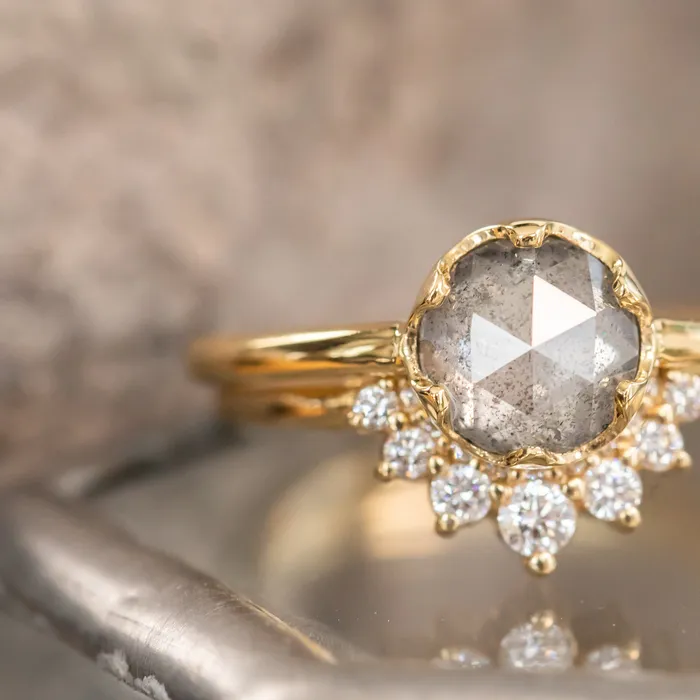 Anueva Jewelry Rings 107ct Rosecut Salt Pepper Diamond 6Prong Low Profile Ring With Plain Rounded Band in 18K Yellow Gold