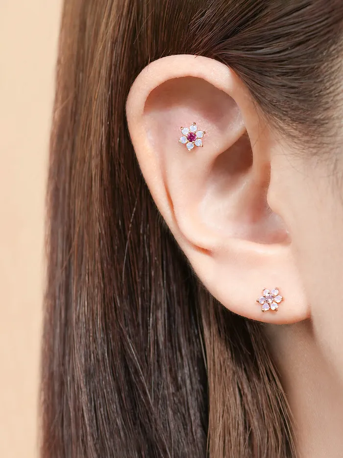 MinimalBijoux Earrings 14K Gold Pink Opal Flower Cartilage Earring 20G18G16G