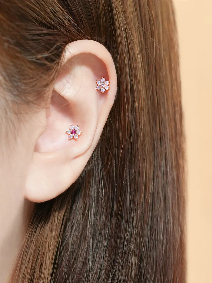 MinimalBijoux Earrings 14K Gold Pink Opal Flower Cartilage Earring 20G18G16G