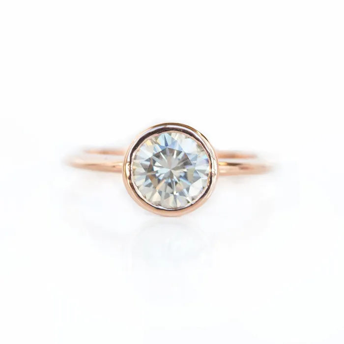 Rings Grey Moissanite Rose Gold Bezel Set Solitaire Ring Anueva Jewelry