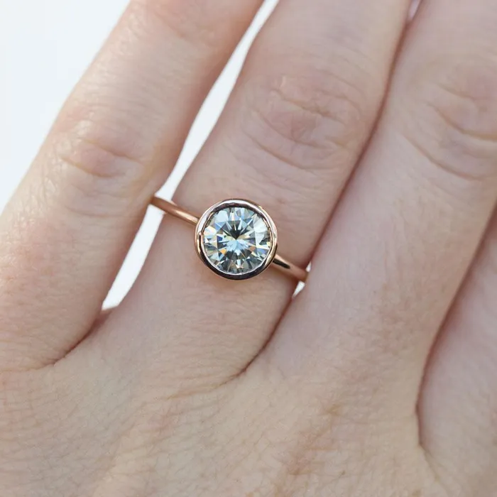 Rings Grey Moissanite Rose Gold Bezel Set Solitaire Ring Anueva Jewelry