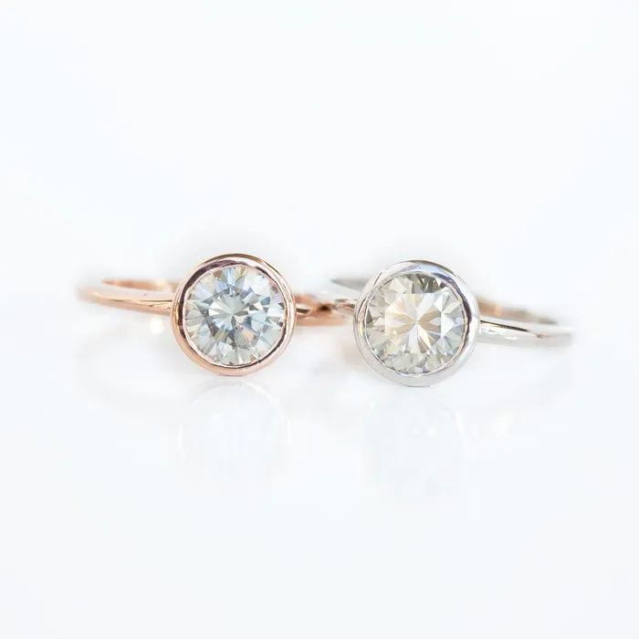 Rings Grey Moissanite Rose Gold Bezel Set Solitaire Ring Anueva Jewelry