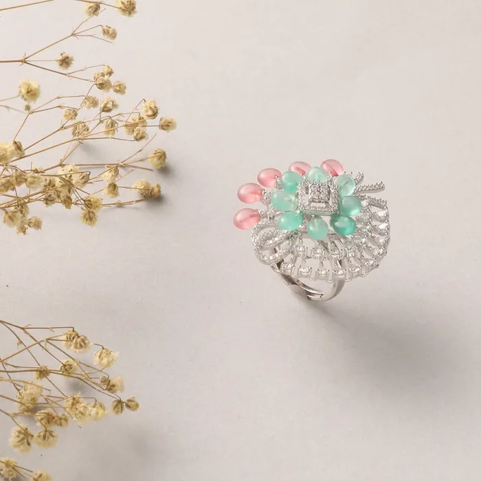 Floral Fantasy Cocktail CZ Silver Finger Ring SILVER Rings
