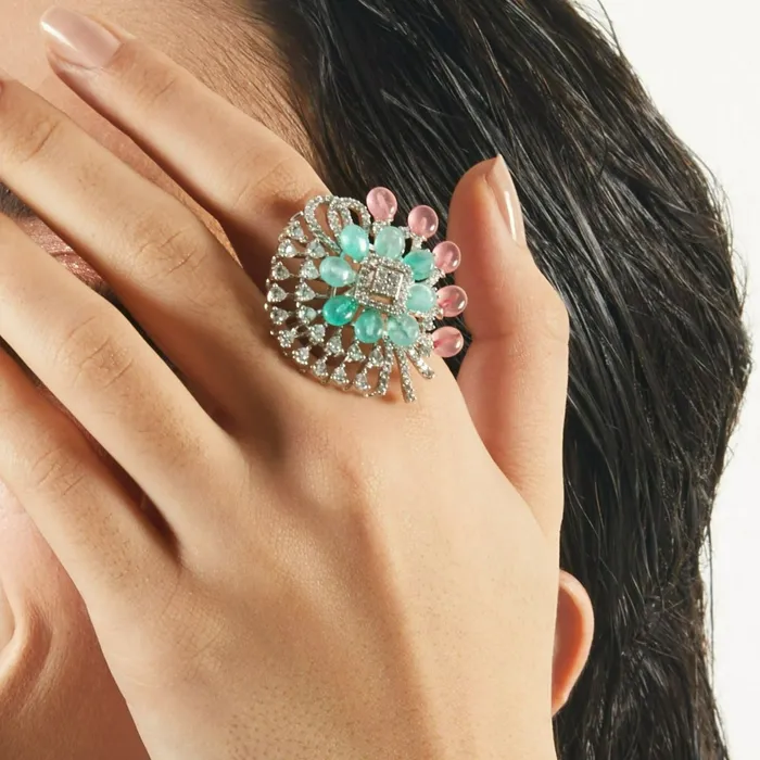 Floral Fantasy Cocktail CZ Silver Finger Ring SILVER Rings