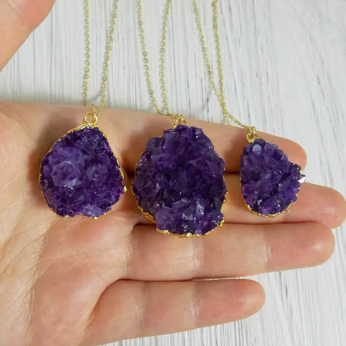 Necklaces Magic Crystals Raw Amethyst Druzy Pendant Golden Necklace