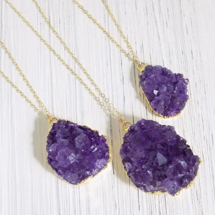 Necklaces Magic Crystals Raw Amethyst Druzy Pendant Golden Necklace