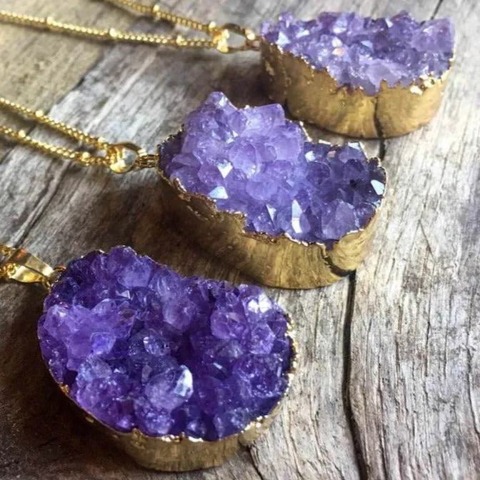 Necklaces Magic Crystals Raw Amethyst Druzy Pendant Golden Necklace