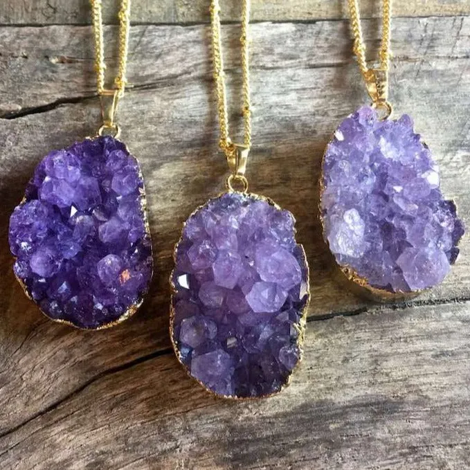 Necklaces Magic Crystals Raw Amethyst Druzy Pendant Golden Necklace