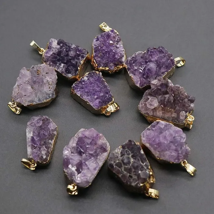Necklaces Magic Crystals Raw Amethyst Druzy Pendant Golden Necklace